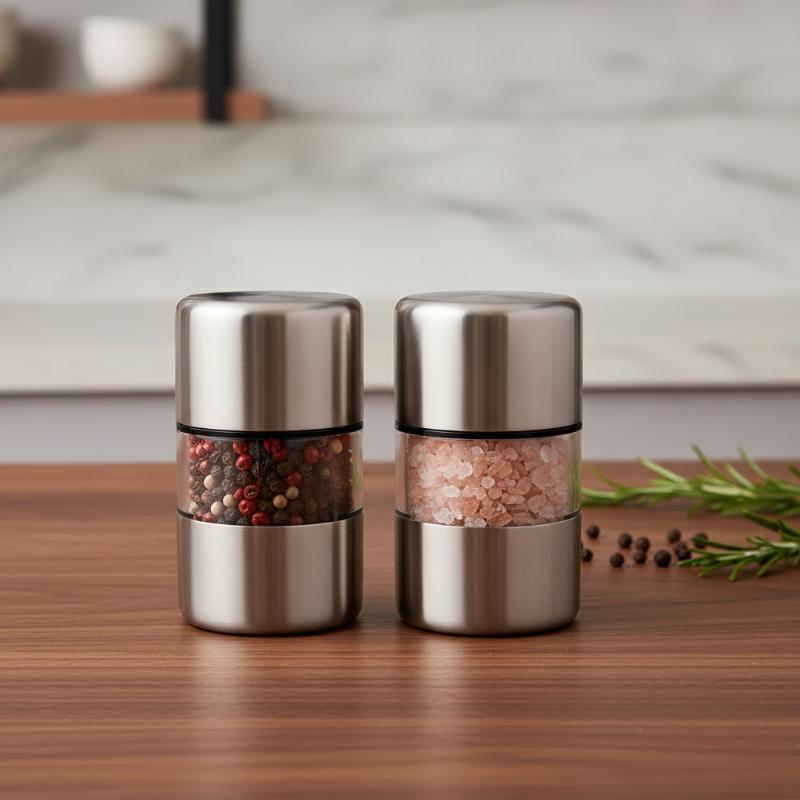 Kitchen Gadgets Essential - ステンレス製ペッパーミル（1個または2個セット）、手動式、ガラス製容器付き、キッチンの必需品、スパイスや塩を挽くための調理器具。