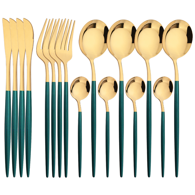 16 個グリーンゴールド食器ステンレス鋼カトラリーセットナイ - Kitchen Gadgets Green のレビューと価格